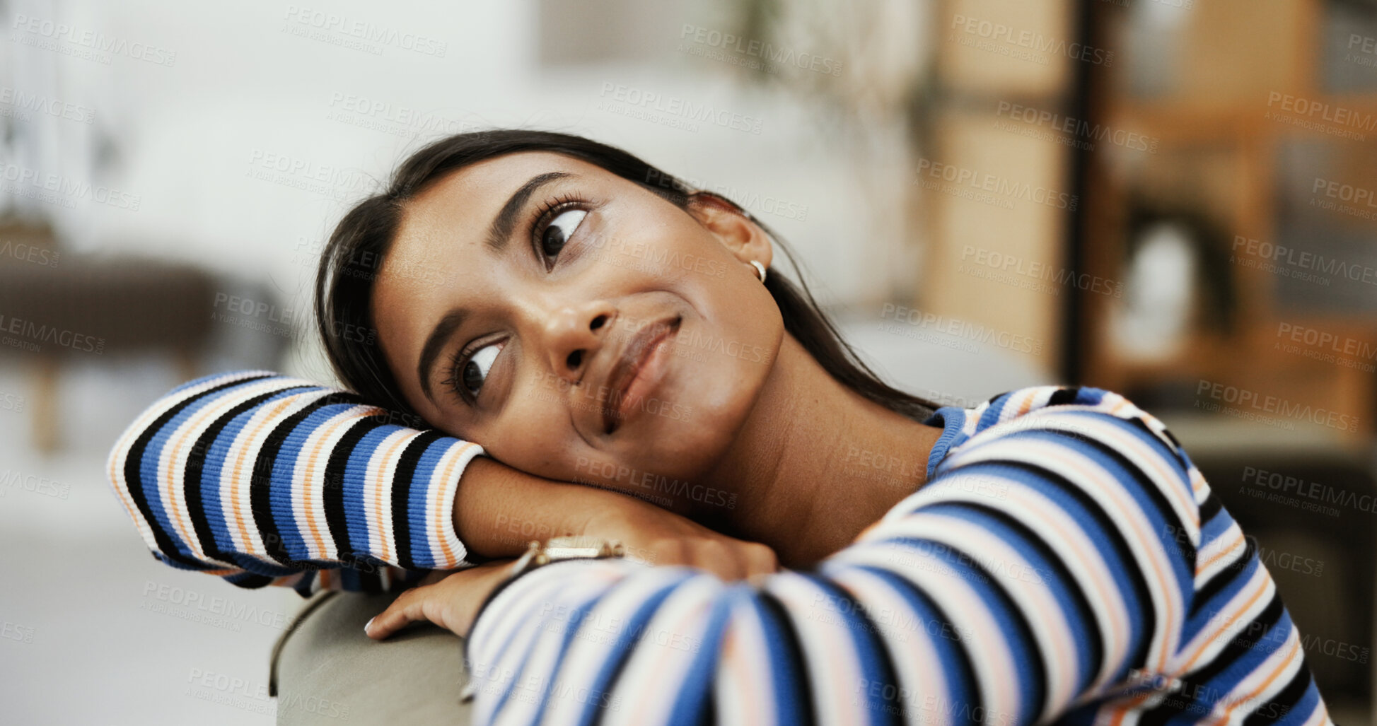 Buy stock photo Thinking, calm and woman in home, daydreaming and planning for college in apartment, living room or peace. Lounge, contemplating and Indian person with nostalgia, smile or university student in house