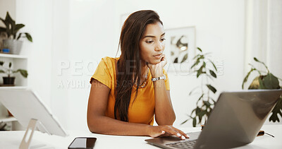 Buy stock photo Remote work, idea and laptop with woman thinking in home office for research, email draft or report. Newsletter, typing and copywriting with freelancer or journalist in apartment for blog writer