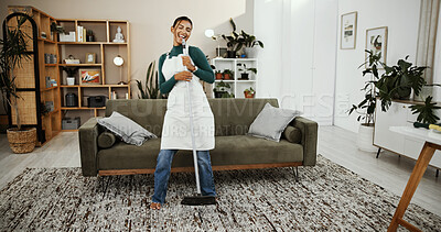Buy stock photo Cleaning, woman and singing with broom in home for housekeeping fun, sweeping dust and hygiene. Household maintenance, cleaner and listening to music for chores routine, housework and radio in lounge