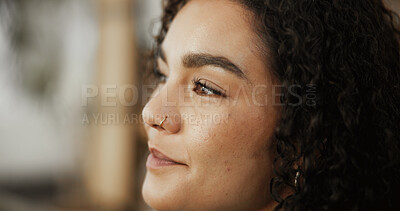 Buy stock photo Thinking, relax and student with woman at home for scholarship opportunity, planning future and idea. Reflection, hope and college inspiration with person in living room for decision and vision