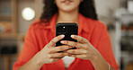 Hands, phone and business woman online for update, communication or check campaign in startup. Mobile, closeup and worker typing on app for chat forum, ads or creative social media marketer texting