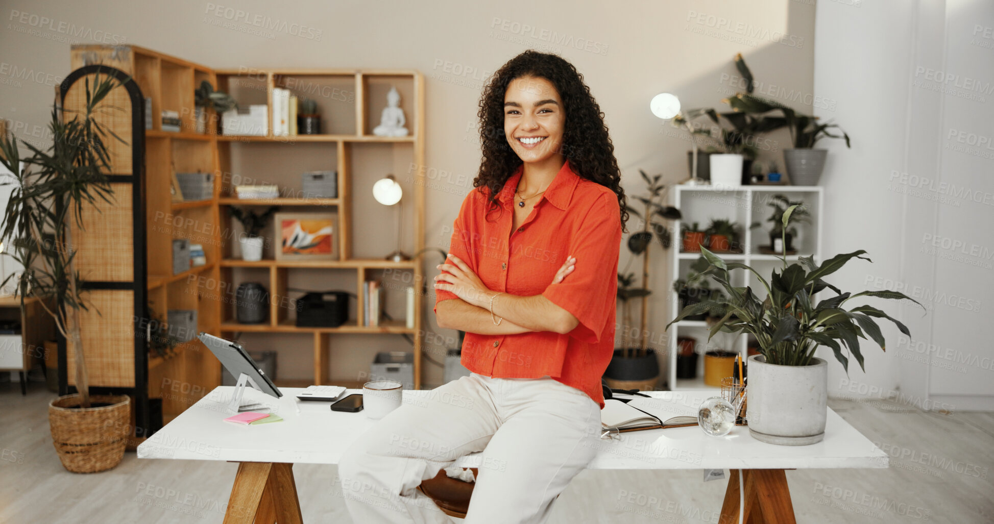 Buy stock photo Small business, portrait and woman with arms crossed, smile and confident for sales in flower shop. Office, entrepreneur and person with pot plants for online store, retail and happy with stock
