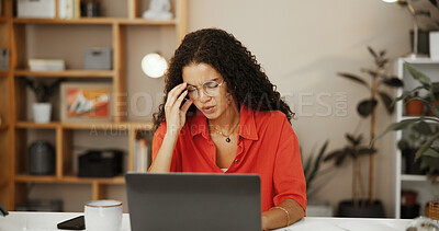 Buy stock photo Frustrated, laptop and woman with headache, office and stress for tax filing on web or small business. Burnout, contemplating and person with migraine for online shop, entrepreneur and overwhelmed