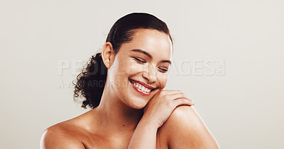 Buy stock photo Woman, smile and pride for skincare in studio with natural beauty, facial treatment and dermatology glow. Female person, happy and cosmetics for self care, shine results and space on white background