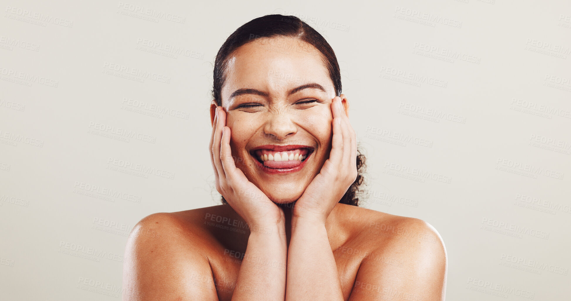 Buy stock photo Studio, woman and tongue out with glow for skincare, treatment and confidence by mockup space. Happiness, female person and model with face for beauty, dermatology and wellness by white background