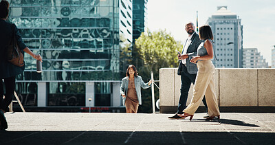 Buy stock photo Business, employees and walking in town with conversation for project ideas, campaign planning or urban commute. Businessman, woman and corporate journey to appointment, meeting and career discussion