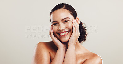Buy stock photo Portrait, woman and smile for skincare in studio of natural beauty, facial treatment and dermatology glow. Female person, happy and cosmetics of self care, shine results and space on white background