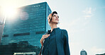 Sunshine, thinking and business woman in city with idea, brainstorming and career insights. Professional, corporate and person with inspiration for company future, urban development and opportunity
