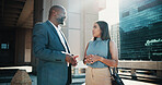 Business, people and talking for travel in city of morning commute, discussion and client negotiation. Professional, man and woman for conversation of partnership, collaboration and proposal feedback