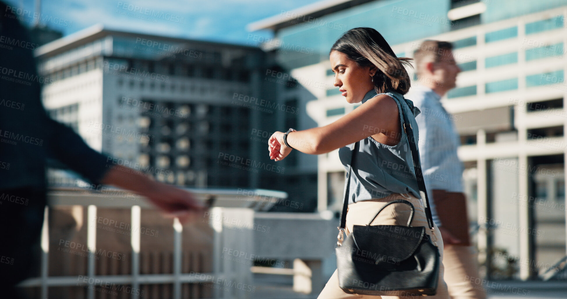 Buy stock photo Business. check time and woman in city, travel and late with commute, urban town and stress. People, outdoor and employee with watch, walking and morning with schedule, agenda and lady in New York