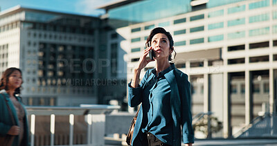 Buy stock photo Business, idea and phone call with woman in city for communication, conversation or negotiation. Discussion, mobile networking and thinking with professional mature employee outdoor in urban town