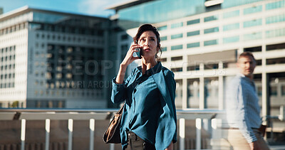 Buy stock photo Business, phone call and planning with woman in city for communication, conversation or negotiation. Discussion, thinking and vision with professional employee outdoor in urban town for ideas