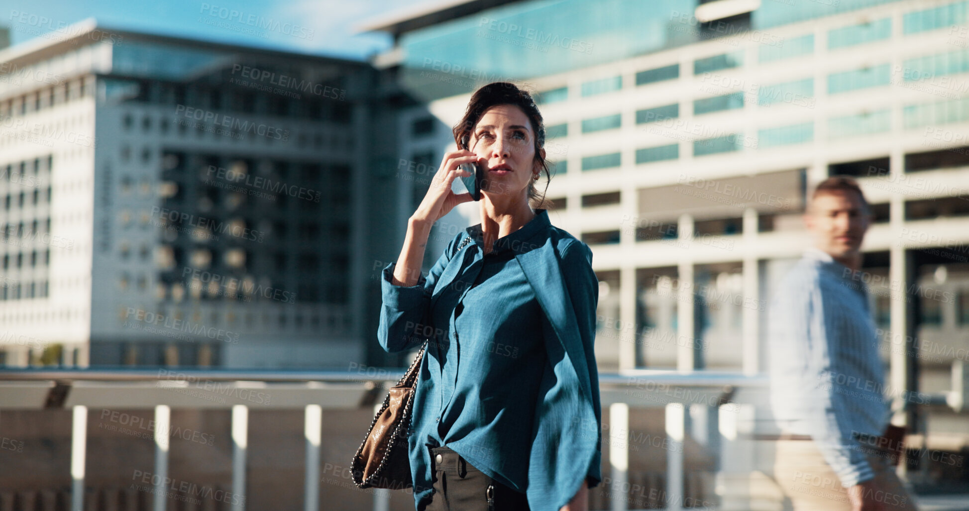 Buy stock photo Business, phone call and planning with woman in city for communication, conversation or negotiation. Discussion, thinking and vision with professional employee outdoor in urban town for ideas