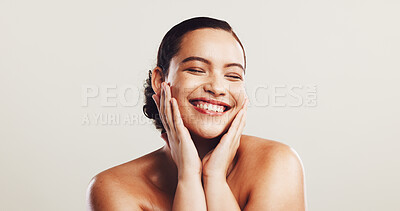 Buy stock photo Smile, girl and pride for skincare in studio with natural beauty, facial treatment and dermatology glow. Person, eyes closed and cosmetics with self care, shine results and space on white background