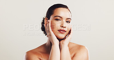 Buy stock photo Portrait, woman and touch for skincare in studio of natural beauty, facial treatment or dermatology glow. Female person, pride and cosmetics for self care, shine results and space on white background