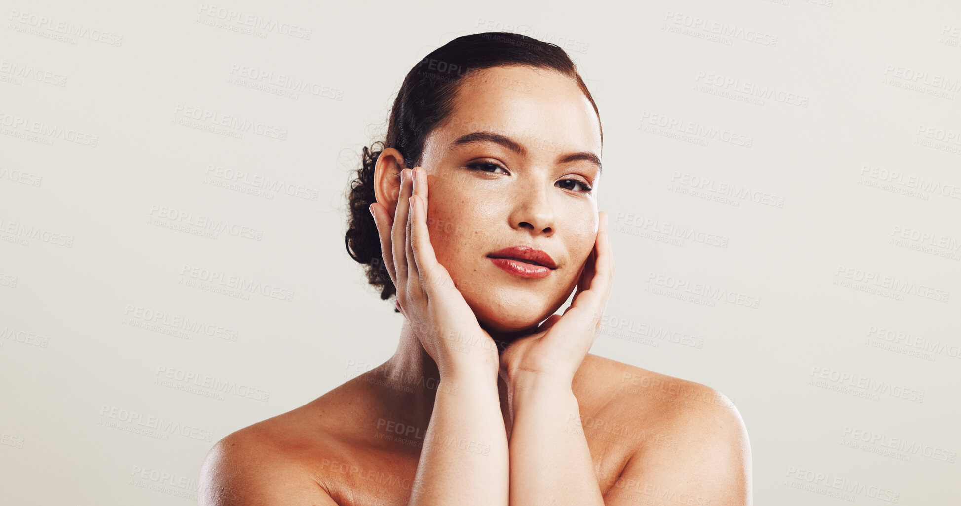 Buy stock photo Portrait, woman and touch for skincare in studio of natural beauty, facial treatment or dermatology glow. Female person, pride and cosmetics for self care, shine results and space on white background