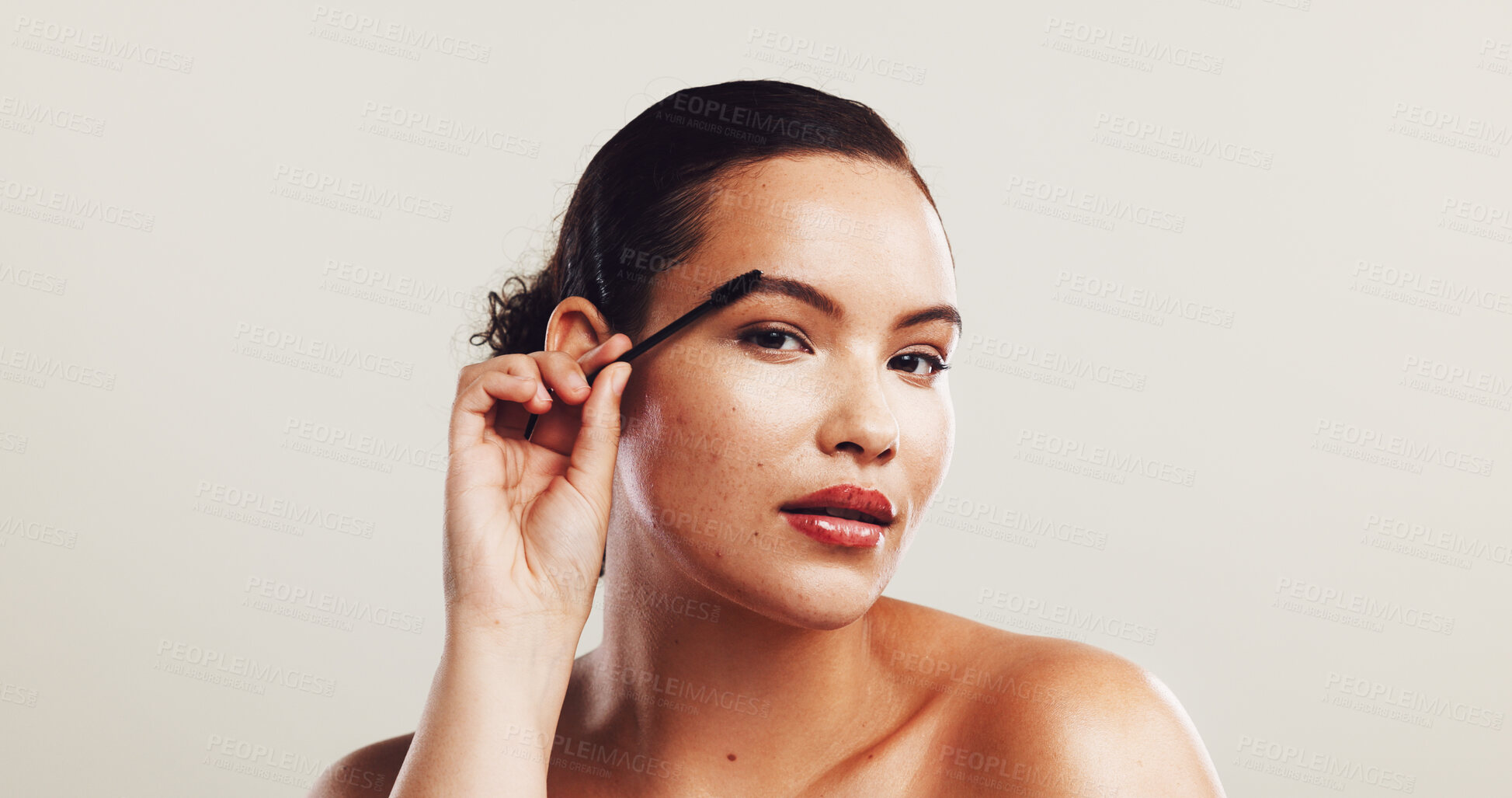 Buy stock photo Woman, portrait and beauty with eyelashes for makeup, cosmetics or mascara on a white studio background. Female person, tool and filler with stick for volume, curl or color thickness on mockup space