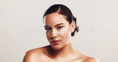 Buy stock photo Studio, woman and portrait with lipstick for makeup, cosmetics and confidence by mockup space. Calm, female person and model with smooth shine for beauty, treatment and wellness by white background