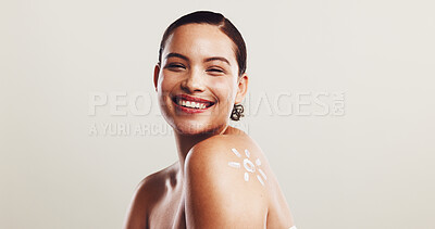 Buy stock photo Portrait, cream and woman with dermatology, cosmetics and aesthetic on white studio background. Face, happy person and model with skincare, acne treatment and creme with wellness, beauty and glow