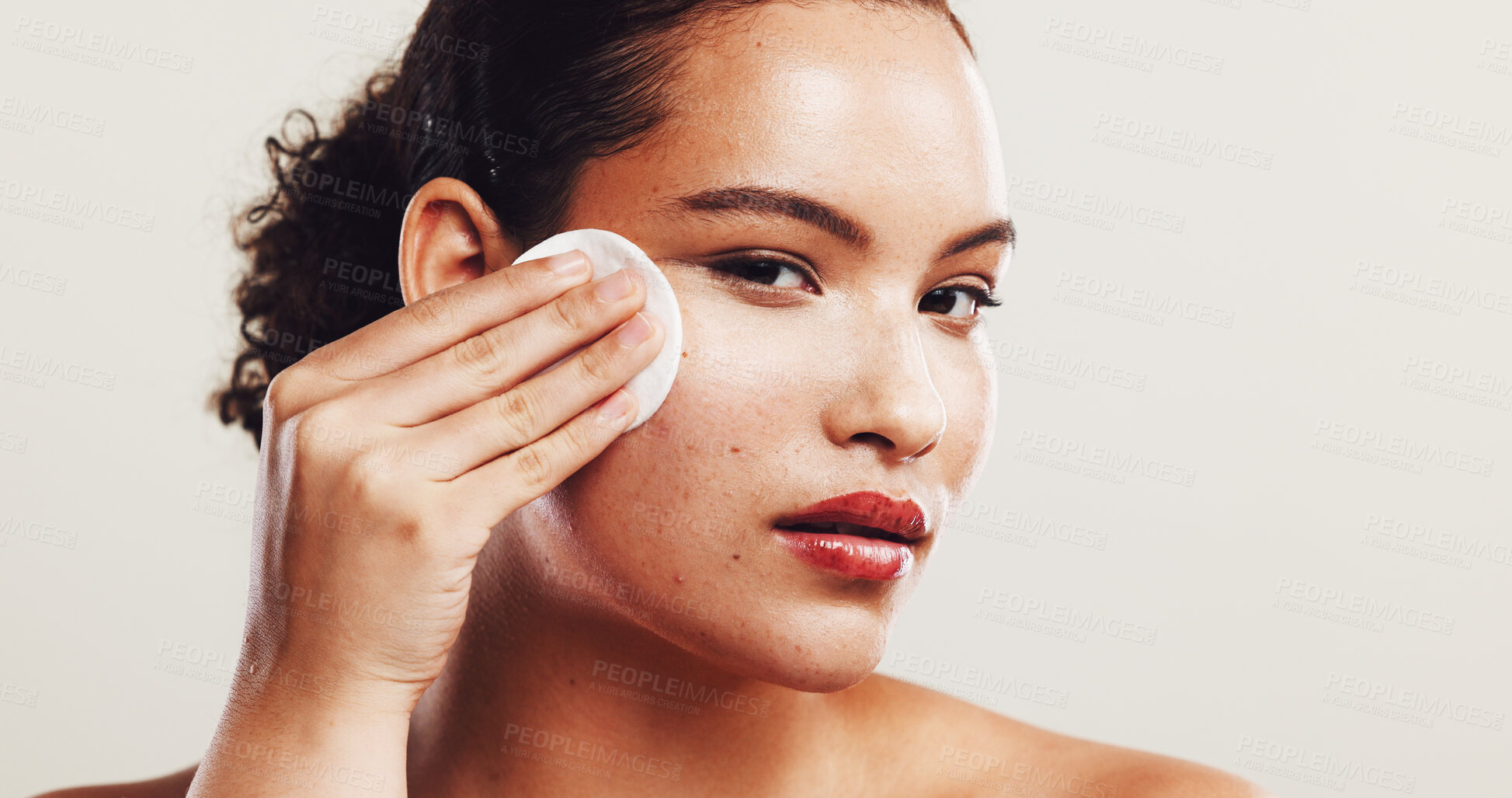 Buy stock photo Portrait, cotton pad and woman with cosmetics, dermatology and clean on white studio background. Face, person and model with aesthetic, beauty and cleanser with  skincare, wellness and remove makeup