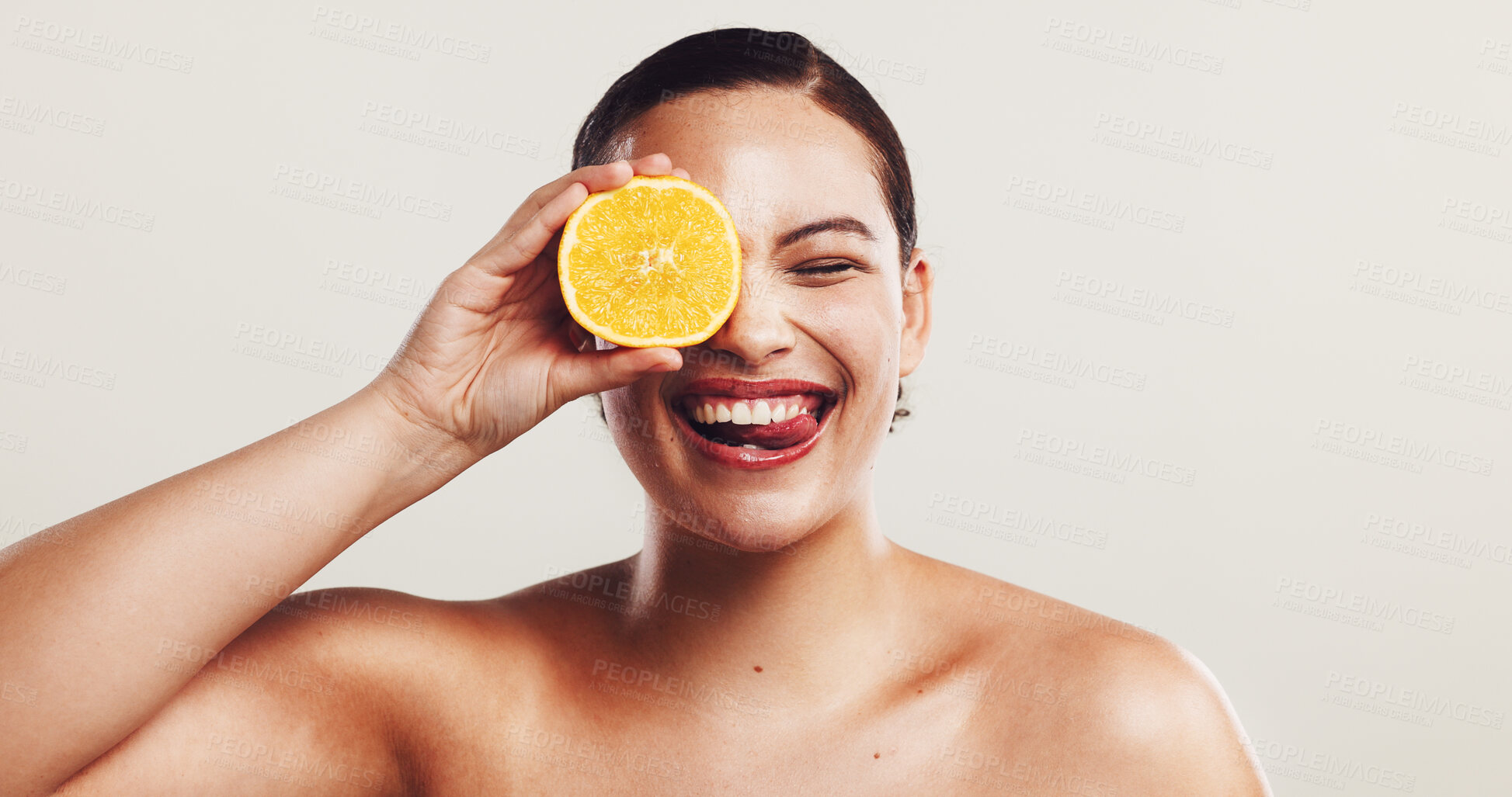 Buy stock photo Happy woman, orange and citrus with vitamin c for skincare, detox or nutrition on a white studio background. Female person, model or smile with natural organic fruit for health or anti aging skin