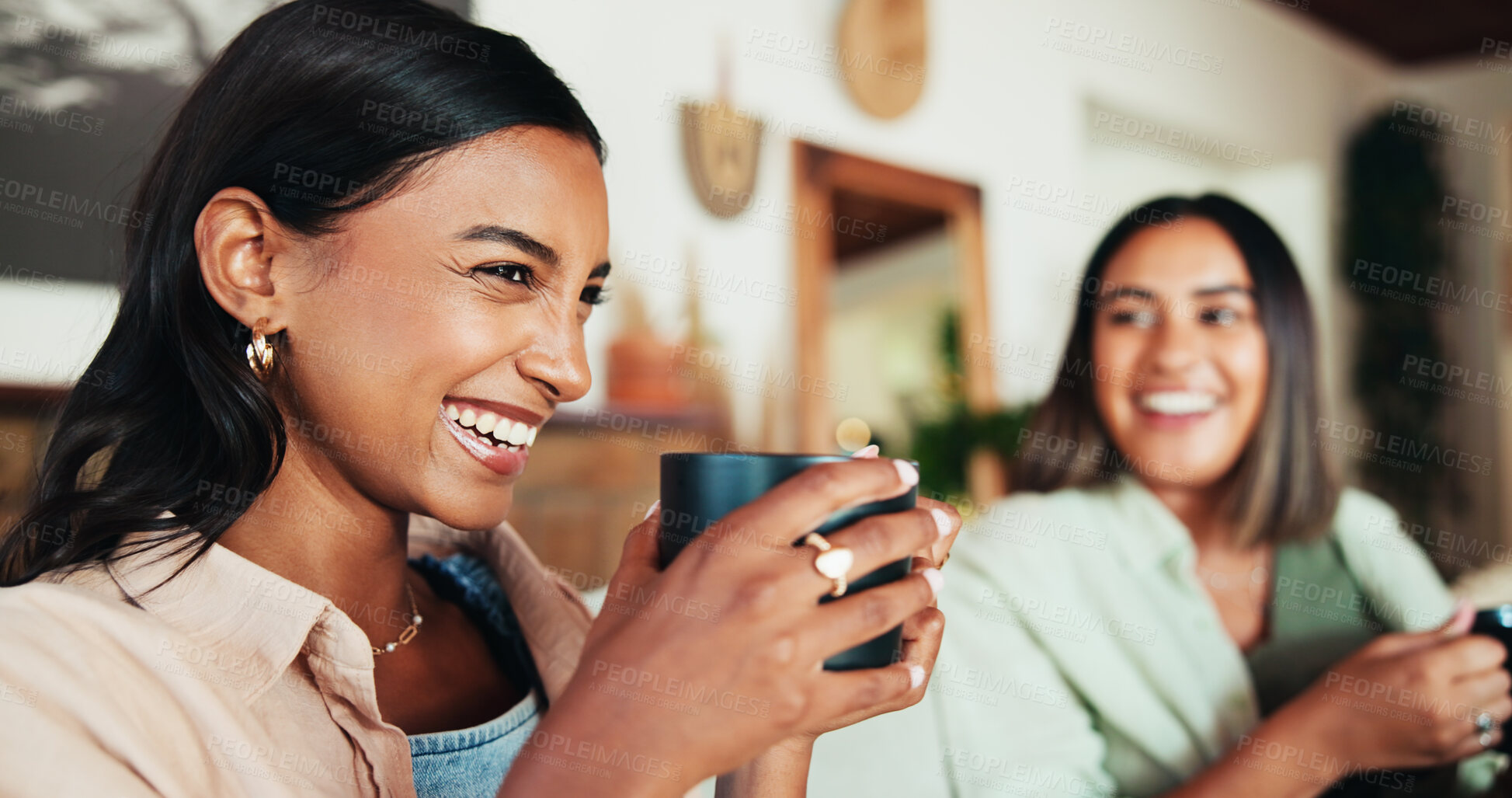 Buy stock photo Laughing, coffee and friends with women on sofa for bonding, relax and social reunion. Discussion, caffeine and drink with people in living room at home for funny chat, news and connection together 