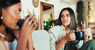 Buy stock photo Talking, coffee and friends with women on sofa for bonding, relax and social reunion. Discussion, caffeine and drink with people in living room at home for chat, news and connection together