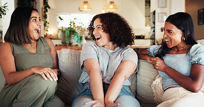 Buy stock photo Women, friends and excited with laugh on sofa for gossip, social bonding or together at home. Female people, group or smile with love for friendship, friendly advice or chatting on couch at house