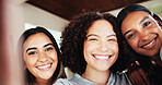 Women, friends and portrait with selfie on sofa for social media, bonding and together at home. People, group pov and picture with love for friendship, memories and fun reunion on couch at house