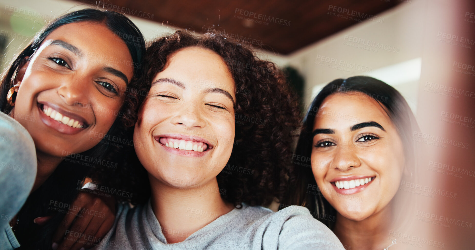 Buy stock photo Portrait, women and friends with selfie, support or reunion for social media or profile picture. Smile, happy people or influencers with wellness and bonding for fun memory, photograph or app post