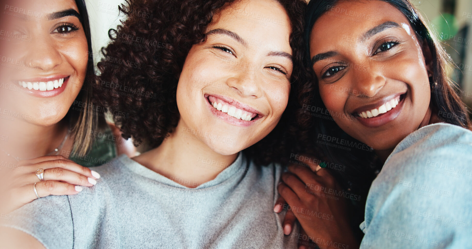 Buy stock photo Women, friends and portrait with hug selfie on sofa for social media, bonding and together at home. People, group pov and picture with love for friendship, memories and fun reunion on couch at house