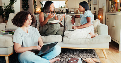 Buy stock photo Women, study group and discussion in living room for learning, project collaboration and home research. Students, laptop and scholarship ideas in lounge for teamwork, planning or higher education