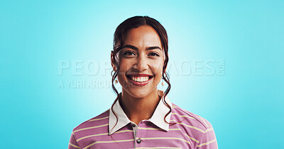 Buy stock photo Happy woman, portrait and fashion designer in studio for aesthetic, confidence and casual outfit. Model, pride and gen z girl on isolated blue background with smile for cool clothes and modern style