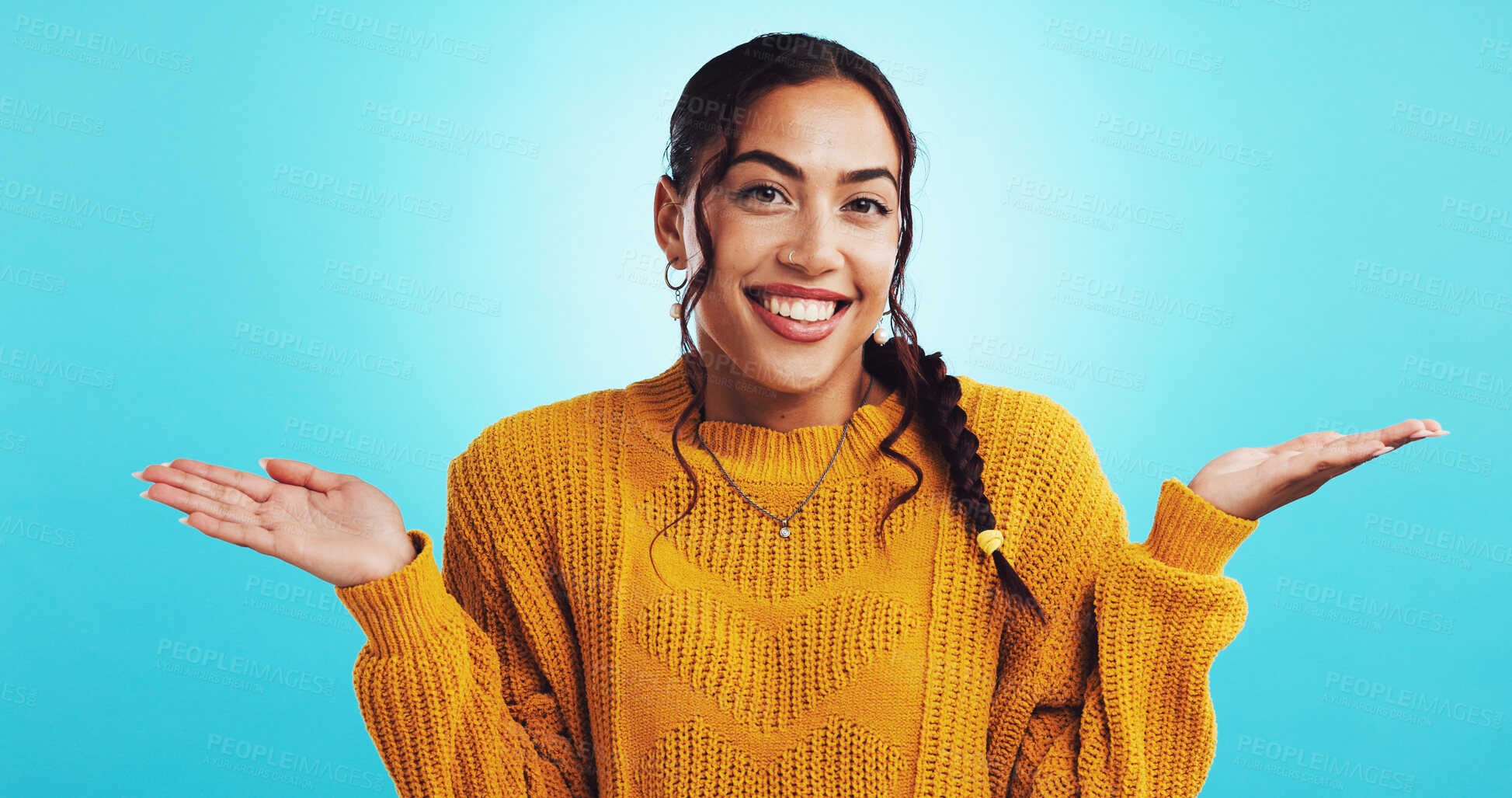 Buy stock photo Choice, hands and woman with options, portrait and comparison for decision, studio and gesture. Blue background, pros and weighing of cons for person, selection and girl with expression for offer