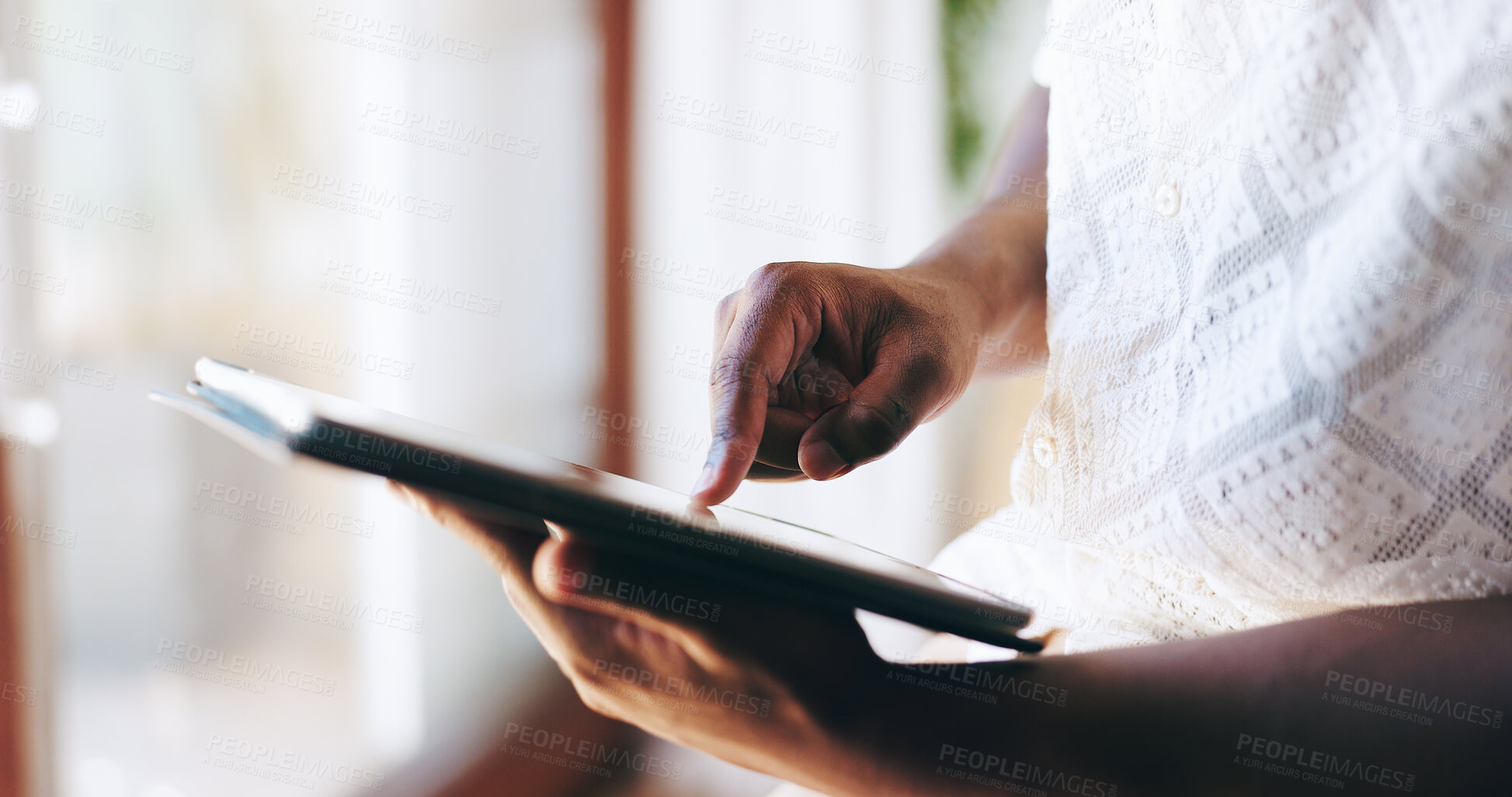 Buy stock photo Hands, scrolling and tablet with person in home for download, social media or subscription. App, biometrics and finger for access to personal account or profile for internet safety and security