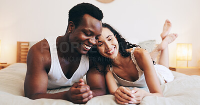 Buy stock photo Happy, love and couple on bed in home for relaxing, resting and bonding in hotel room. Marriage, relationship and man with woman in bedroom for affection, commitment and romance on valentines day
