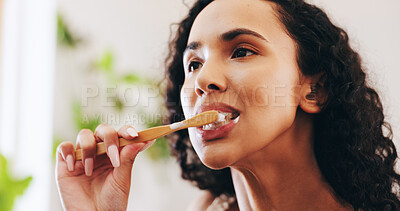 Buy stock photo Bathroom, brushing teeth and woman with toothbrush in home for dental care, mouth hygiene and cleaning. Health, morning routine and person with toothpaste for oral wellness, gum and grooming