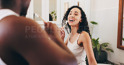 Buy stock photo Couple, brushing teeth and singing in bathroom of home for morning routine, oral hygiene or relationship. People, wellness and dental care with karaoke, listening to music or getting ready with radio