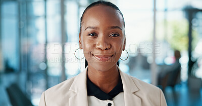 Buy stock photo Happy, pride and portrait of black woman in office with corporate finance career. Ambition, professional and African female financial account executive with confidence for business development.
