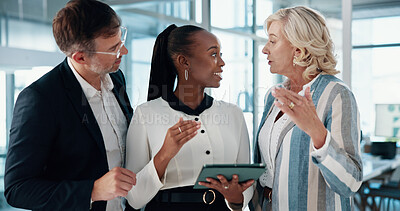 Buy stock photo Diversity, meeting and tablet with business people in office together for discussion or project management. Collaboration, feedback and talking with corporate employee group in workplace for planning