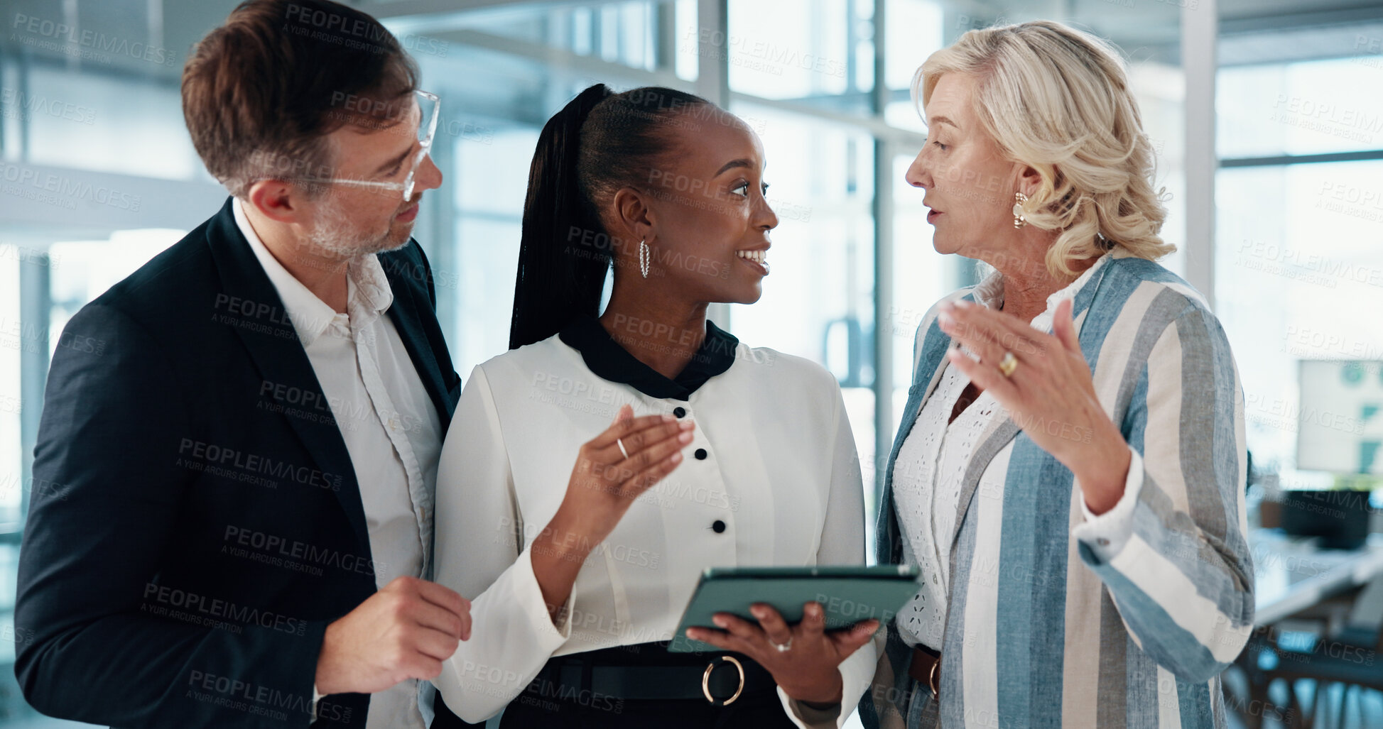 Buy stock photo Diversity, meeting and tablet with business people in office together for discussion or project management. Collaboration, feedback and talking with corporate employee group in workplace for planning