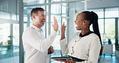 Buy stock photo Business people, tablet and high five for success, teamwork and excited for achievement in office. Winning, partnership and hands together for support, project completion and celebrate sales target