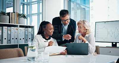 Buy stock photo Financial, office and business people with laptop, feedback and manager for discussion, training and graphs. Documents, teamwork and talk with tablet, growth strategy or project report for accounting