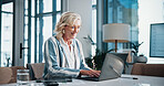 Business, woman and typing on laptop in office of finance report, proposal feedback and investment. Mature accountant, online and information of budget planning, review revenue or company bookkeeping