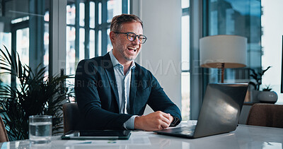 Buy stock photo Business, man and laughing on laptop video call for funny client, investment advice or portfolio review joke. Financial advisor, mature person and online meeting for account update or estate planning