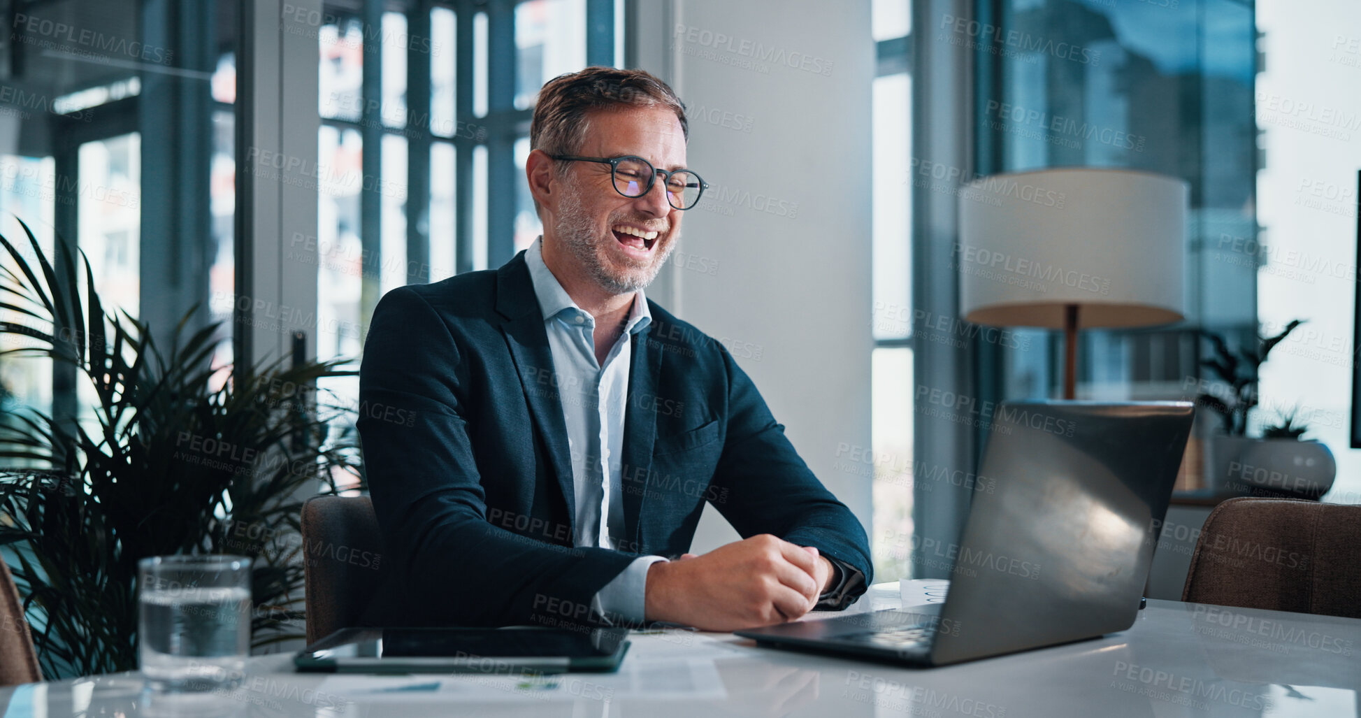Buy stock photo Business, man and laughing on laptop video call for funny client, investment advice or portfolio review joke. Financial advisor, mature person and online meeting for account update or estate planning