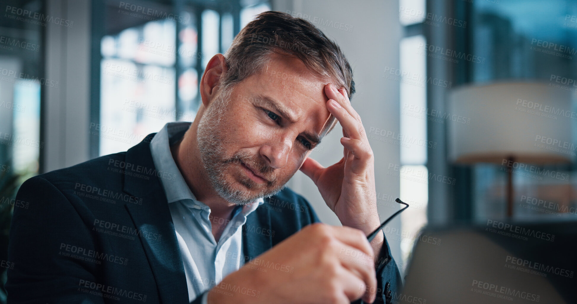 Buy stock photo Frustrated, businessman and headache with laptop for stress, financial crisis or mistake at office. Man, employee or accountant with migraine on computer for strain, debt or corporate bankruptcy