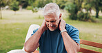 Outdoor, neck pain and old man on bench, fitness and hurt with mistake, joint injury and tension. Pensioner, exercise and senior guy in park, inflammation and burnout with muscle strain and tired