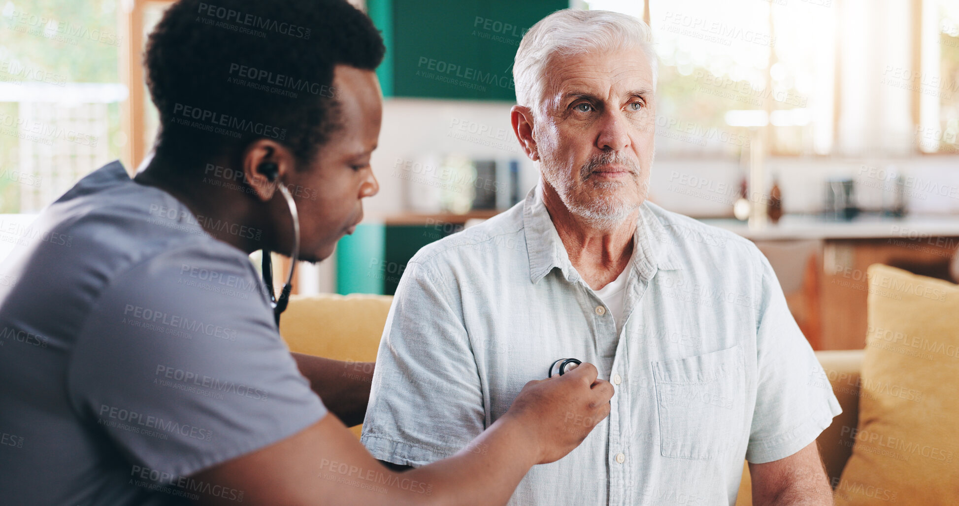 Buy stock photo Doctor, old man and heart check with home visit, stethoscope and assessment for symptoms of angina. Medical tool, elderly patient and monitor lungs for breathing rate, consulting and arrhythmia exam