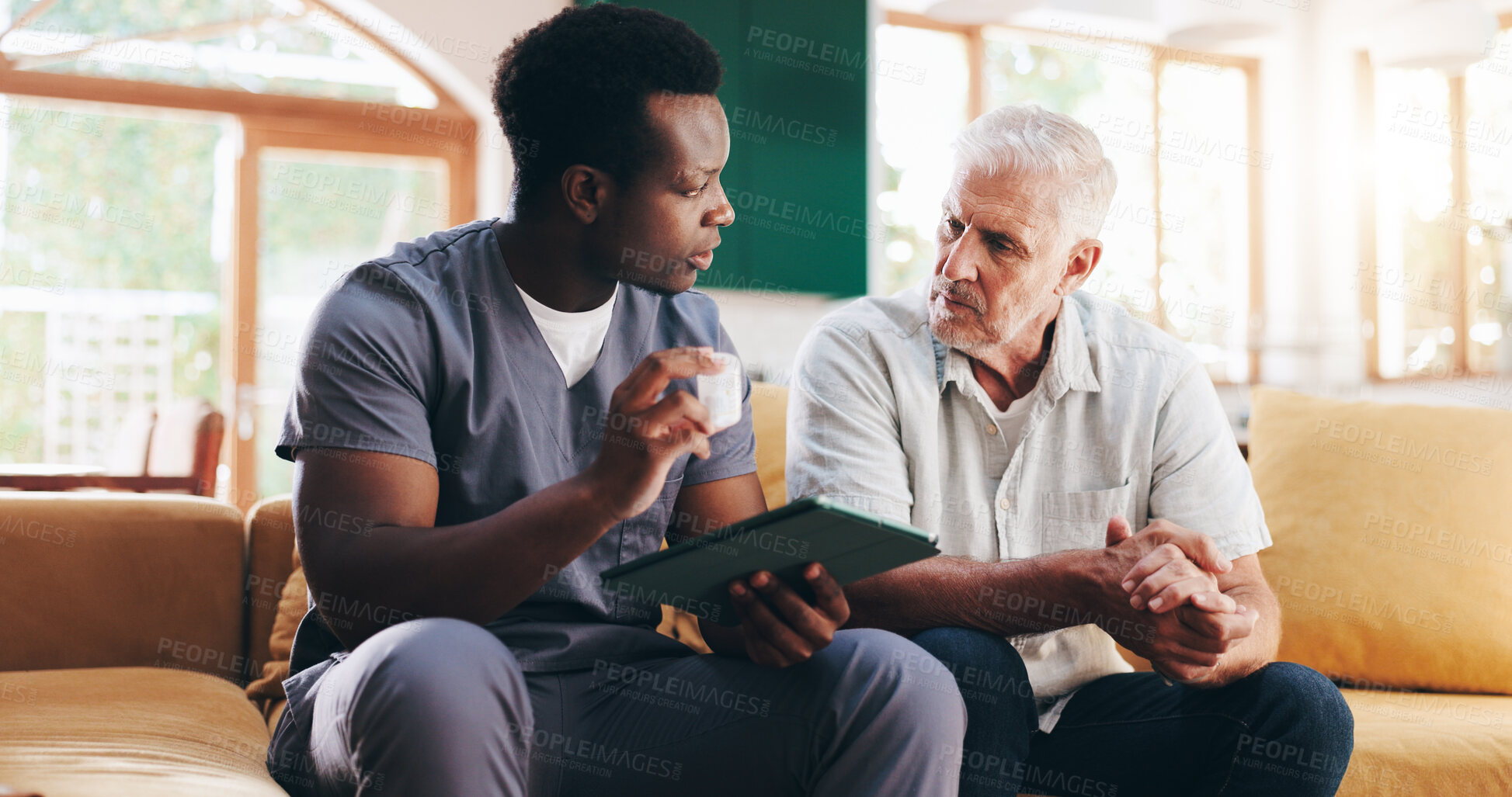 Buy stock photo Nurse, senior man and pills with tablet on sofa for healthcare, communication or consultation at home. Caregiver, advice and prescription for elderly person with help, support and medical results